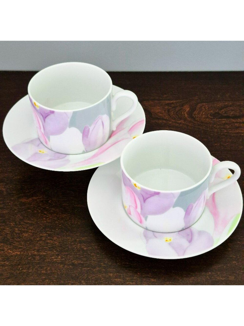 Mikasa Spring Crocus Cup & Saucer, 2 Sets, Pink & Purple Floral, c.1984-87 Japan
